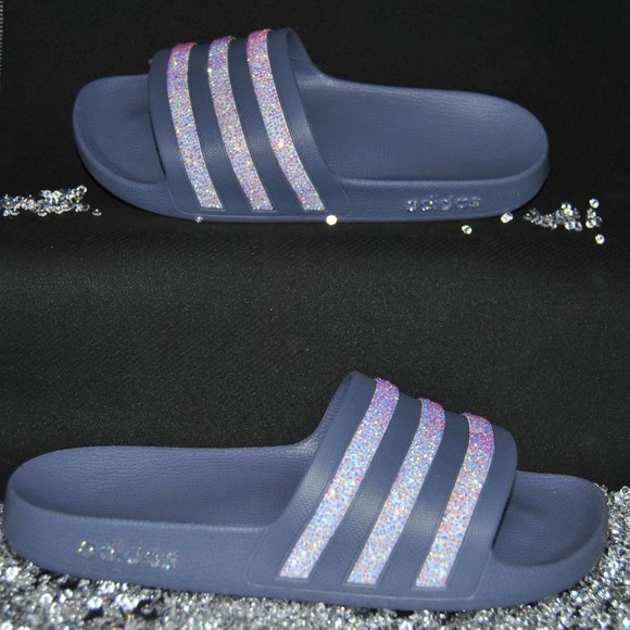 ‼️SOLD‼️Custom Adilette Aqua Lilac Bling Slides - Picture 2 of 5